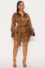 Fashion Nova Mariela Pinstripe Satin Mini Dress Brown NWT Size M SOLD OUT 🔥