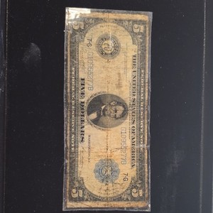 1914 Series $5 Federal Reserve Banknote Lincoln Design, Circulated, Uncertified
