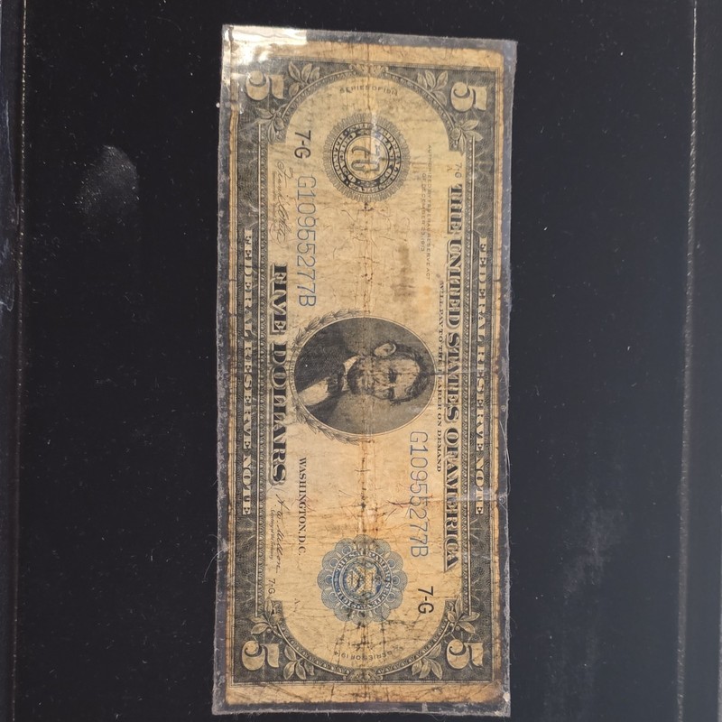 1914 Series $5 Federal Reserve Banknote Lincoln Design, Circulated, Uncertified