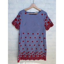 entro Blue Checkered Red Embroidered Flowers Knee Length Shift Dress-sz S/M