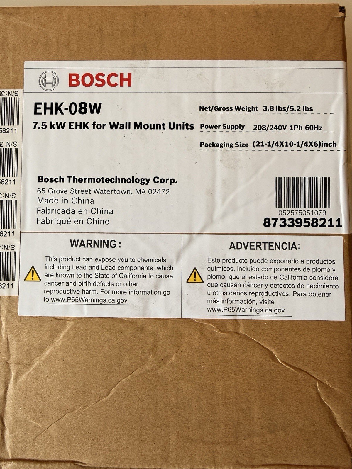 Bosch EHK-08W 7.5kW Electric Heat Kit for BWA Wall-Mount Air Handler 208/240V