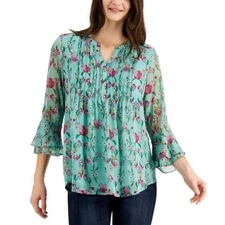 Charter Club Women's Petite Pleated Turquoise Flower Print Top M