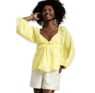 Banana Republic Blouse Womens XXL Yellow Ramie Twist Front Balloon Sleeve