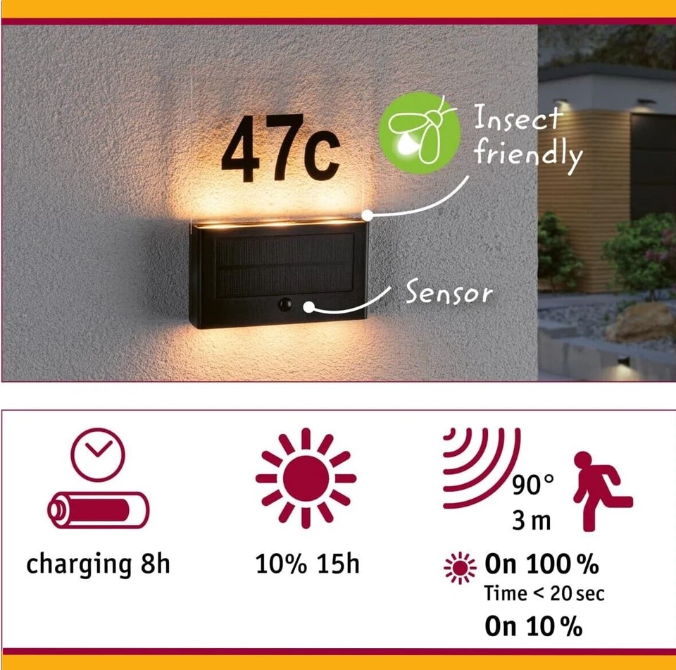 Paulmann LED Solar Hausnummer Neda Insekt mit Bewegungsmelder Modi Ip44 2200K - Bild 2 von 4
