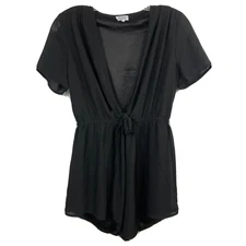 Tobi Romper Womens Sz M Black Chiffon Deep V Tie Front Short Sleeve Flowy