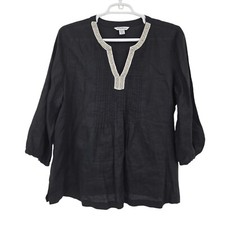 Tommy Bahama Womens 100% Linen Henley Top Bla...