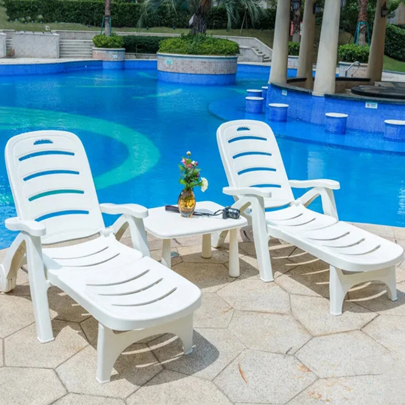 Wheeled Folding Recliner Beach Yard Pool Chaise Sun Lounger Chair White Plastic