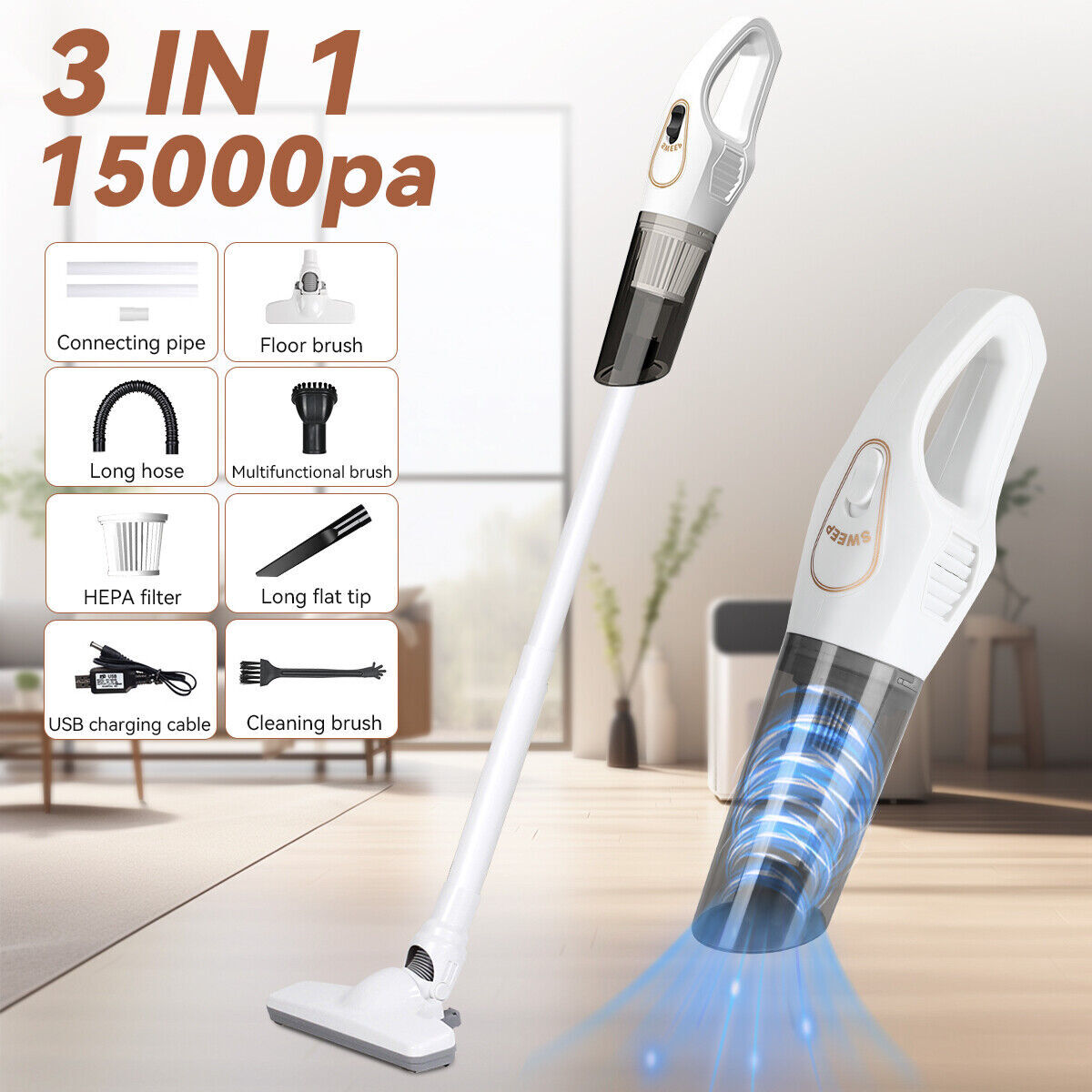 Upright 3 in1 Cordless Vacuum Cleaner Stick Powerful Handheld Wireless