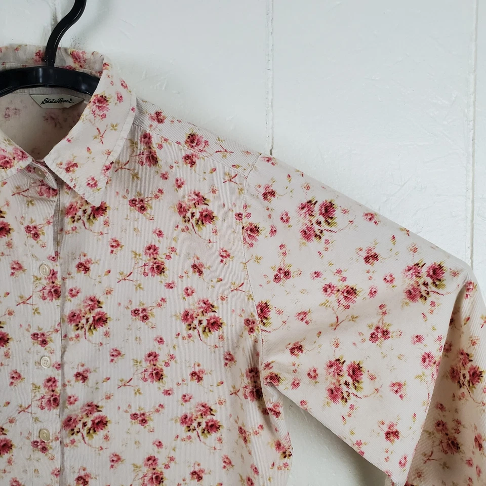 Camisa vintage Eddie Bauer abotonada para mujer pequeña beige floral con cuello de pana Foto 3 de 4