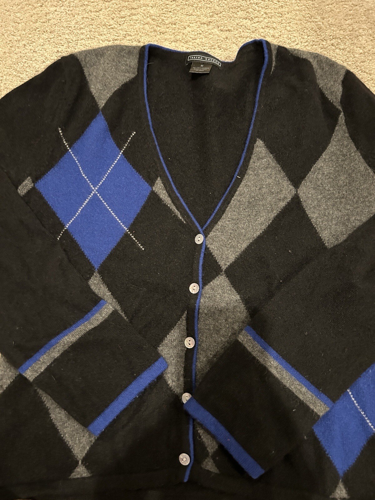 Lauren Hansen 100% 2-Ply Cashmere Cardigan Sweater Argyle Black & Gray M