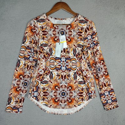 Cupio Top Women's Medium Orange Brown Floral Long Sleeve Blouse Preppy Boho NWT