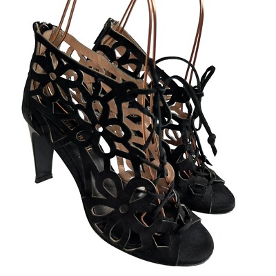 Ruth De Bach high heels black suede floral laser cut out caged 36 6 6.5 zip up