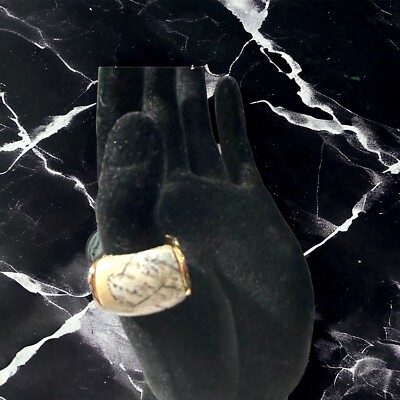 Vtg Barse Thailand Gold Tone Scroll Leaf Large Howlite Cabachon Ring Sz 8 Unisex