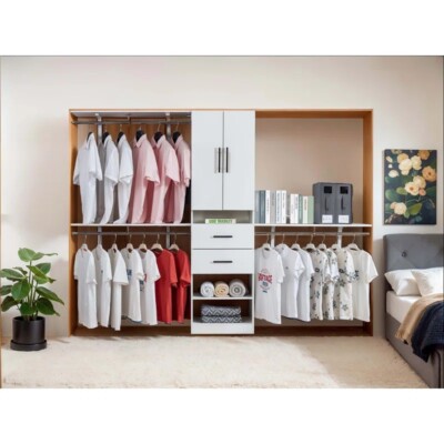 70''H Walk In Bedroom Closet Wardrobe With 6 Shelves & 2 Drawers, White
