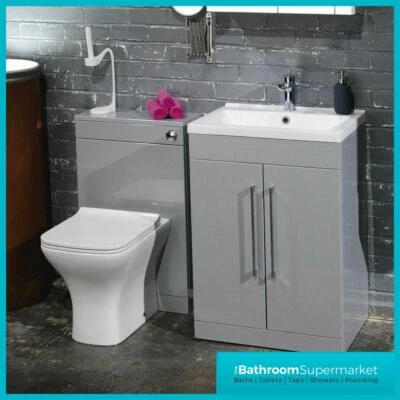 Bathroom Furniture Suite Grey Vanity Unit Cabinet Basin Back To Wall WC Unit