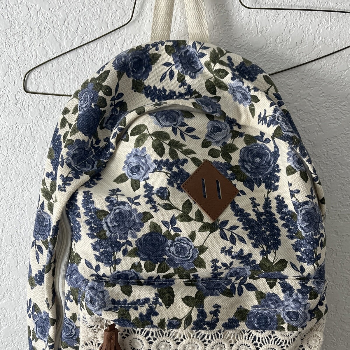 Mudd Floral Backpack - Blue and Brown Mudd Backpack 400 Blue Floral Patern Leather bottom . ￼ | eBay main image 2