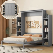 Queen Size Murphy Wall Bed with Storage Bookshelves LED Lights Wood Cabinet Bed