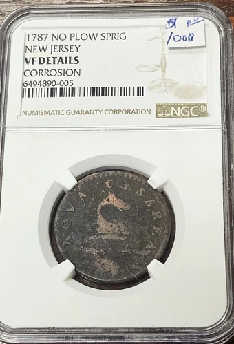 1787 NO PLOW SPRIG NEW JERSEY POST COLONIAL NGC VF-DETAILS