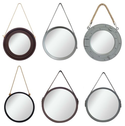 Round Mirrors With Straps Designer Contemporary Large Hanging Mirror - Picture 1 of 9