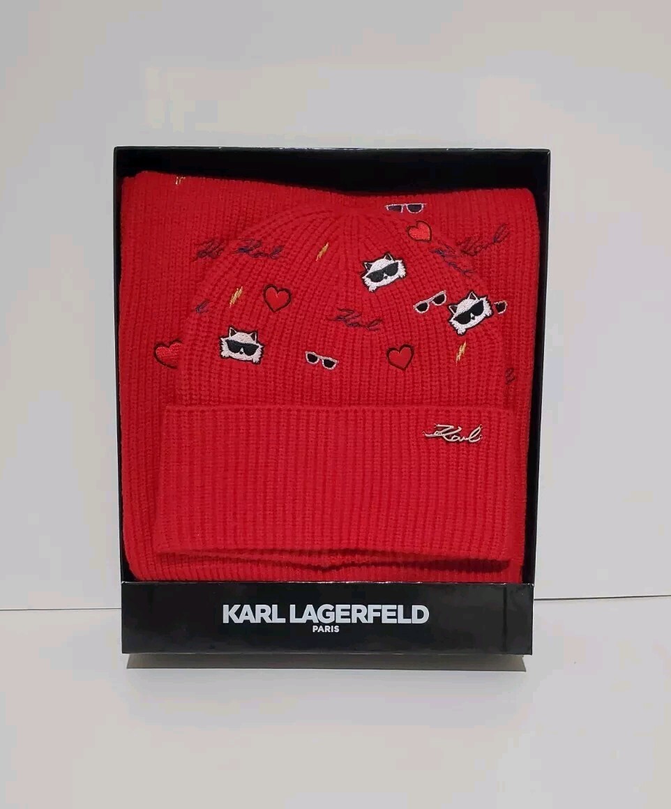 NWT KARL LAGERFELD 2 PIECE SET CATE PINS EMBROIDERY BEANIE  display picture 1