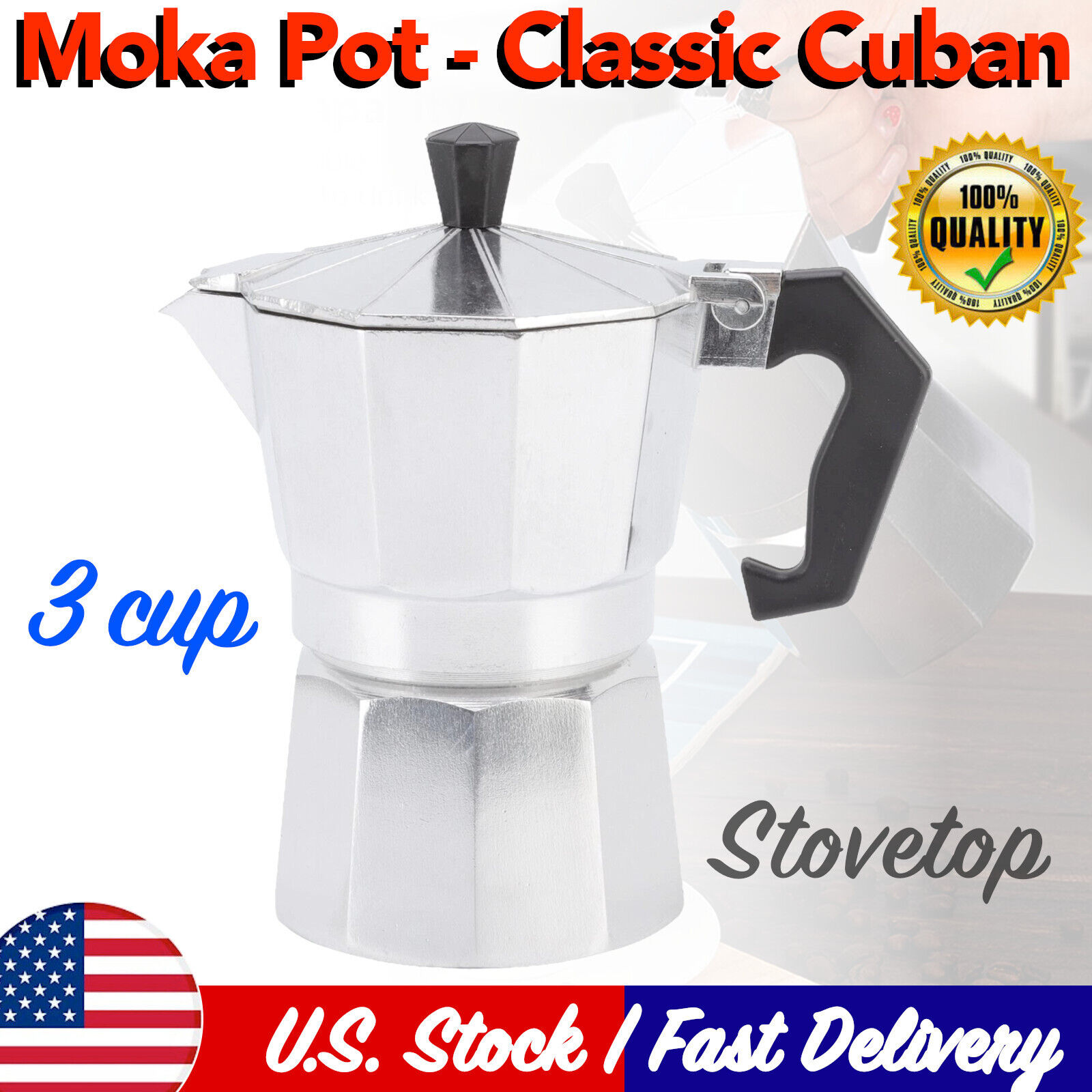 Espresso Stove Top Coffee Maker 3 Cups Aluminium Percolator Moka