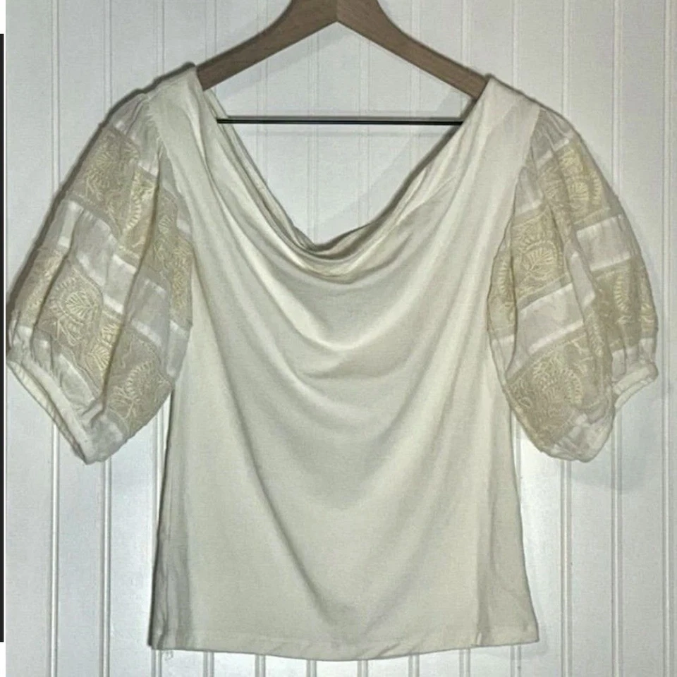 Top Free People M Marfil Hombro Descubierto Manga Abullonada Bordado Boho Coqueta Nuevo con Etiquetas Foto 3 de 4