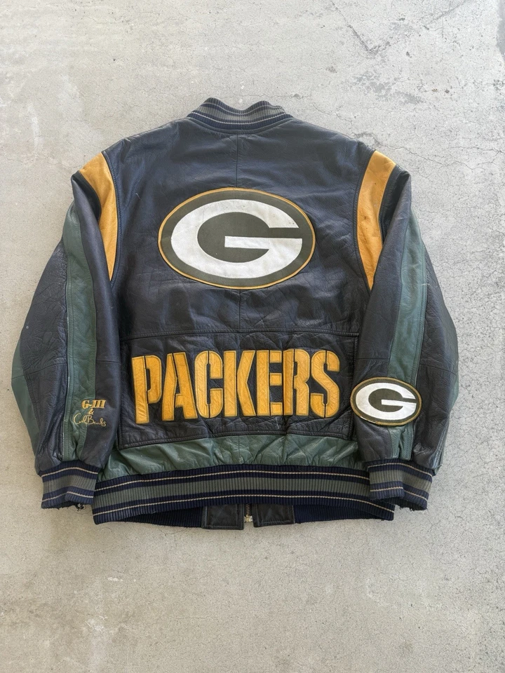 JAQUETA DE COURO VINTAGE G-III CARL BANKS NFL GREEN BAY PACKERS REAL TAMANHO L - Imagem 2 de 4