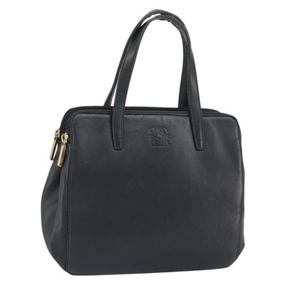 LOEWE Anagram Hand Bag Leather Black Gold Auth 162167