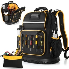 Tool Backpack with Hard Bottom and a Tool Pouch, Heavy Duty Tool Bag with Mul...