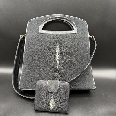 GENUINE REAL STINGRAY SKIN LEATHER BLACK HANDBAG VINTAGE RARE PURSE WALLET