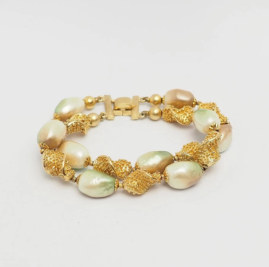 Bracciale Rigido Vintage In Oro E Perle - Bracciali