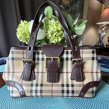 Burberry Beige Plaid Satchel Top Handle Double Handles Gold Hardware Buckle