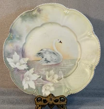 RS Prussia Antique Swan Motif Hand Painted Porcelain Plate Gold Trim 8.25”