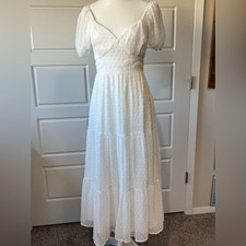 White Swiss Dot Maxi Dress Sweetheart Neckline Tiered Cottagecore Boho