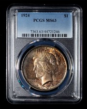 PCGS MS63 1924 Silver Peace Dollar - Toned both side