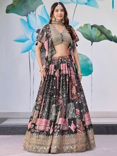 Indian Style Black Chinnon Silk Lehenga Choli With Dupatta For Reception Wear