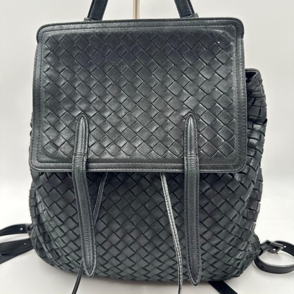 Bottega Veneta Intrecciato Backpack Leather Handbag Black 11.81 x 10.63 in