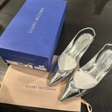 Stuart Weitzman Womens Eva 50 Solid Slingback Heels 2” Silver 37.5 / 7 FAST SHIP