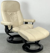 Ekornes Stressless Medium CONSUL Cream Leather Swivel Recliner Chair & Ottoman