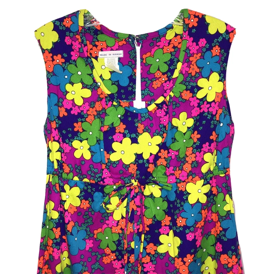 Maxi Vestido De Colección Talla 12 Brillante Colorido Hawaiano Floral Sin Mangas Años 60 ¿Tela de Corteza? Foto 3 de 4