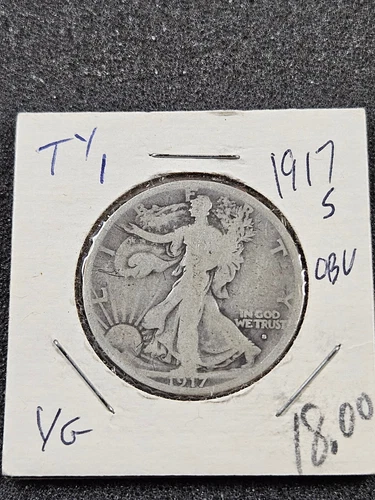 🌟 1917-S Walking Liberty Half Dollar 90% Silver Obverse Mint Mark Very Good VG