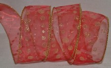 Wired Ribbon Sheer Holiday Red Gold Sparkle Dot 2" Christmas Wreath Gift Bow