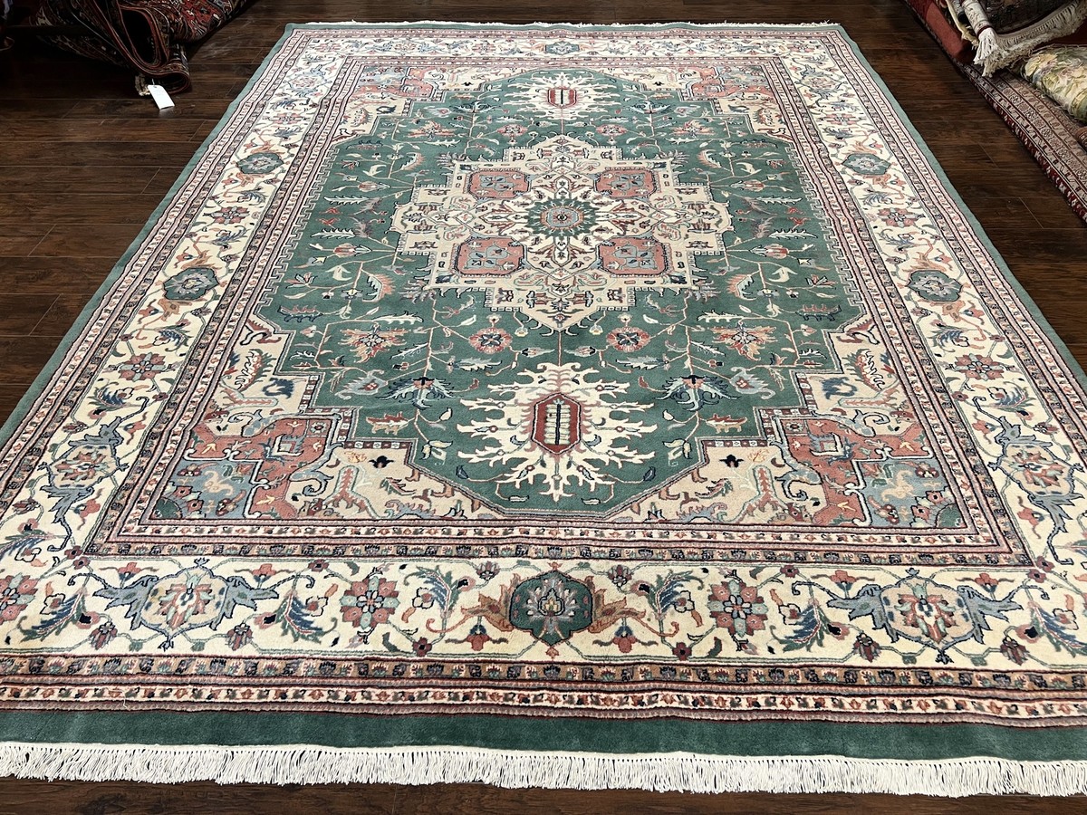 Indo Heriz Rug 9x12 Geometric Oriental Carpet Green Cream Wool