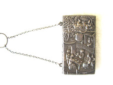 Antique Chinese Export Silver Card Case Holder Box With Chain Excellent Conditon