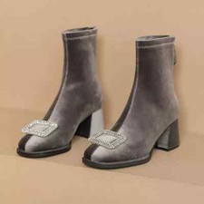 Stivali Scarpe Stivaletti Tronchetto Pelle Sintetica Grigio Velluto 6 cm 84765