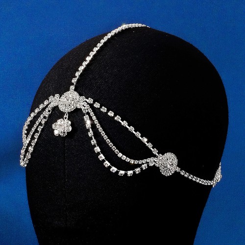 Women Silver Rhinestone Head Chain Headpiece Wedding Bridal Jewelry Hair Piece - Picture 2 of 8