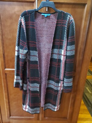 EUC APT. 9 Black White Red Plaid Knee Length Pocket Sweater Cardigan