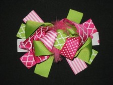 NEW "Hot Pink  Lime QUATREFOIL" Fur Hairbow Alligator Clips Girls Ribbon Bows