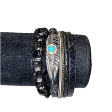 Multiple Strand Faux Leather Bracelet Feather Boho Hippie Southwest Magnetic