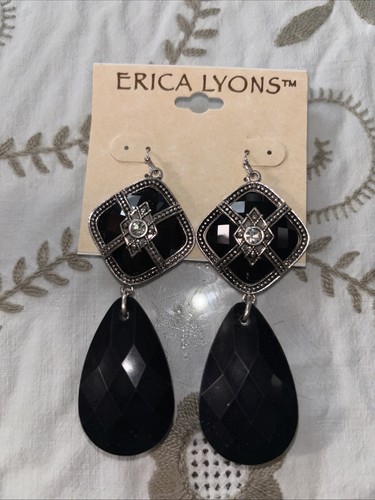 Earrings Retro Art Deco Style Black Faceted Dangle Drop Erica Lyons - Picture 1 of 3
